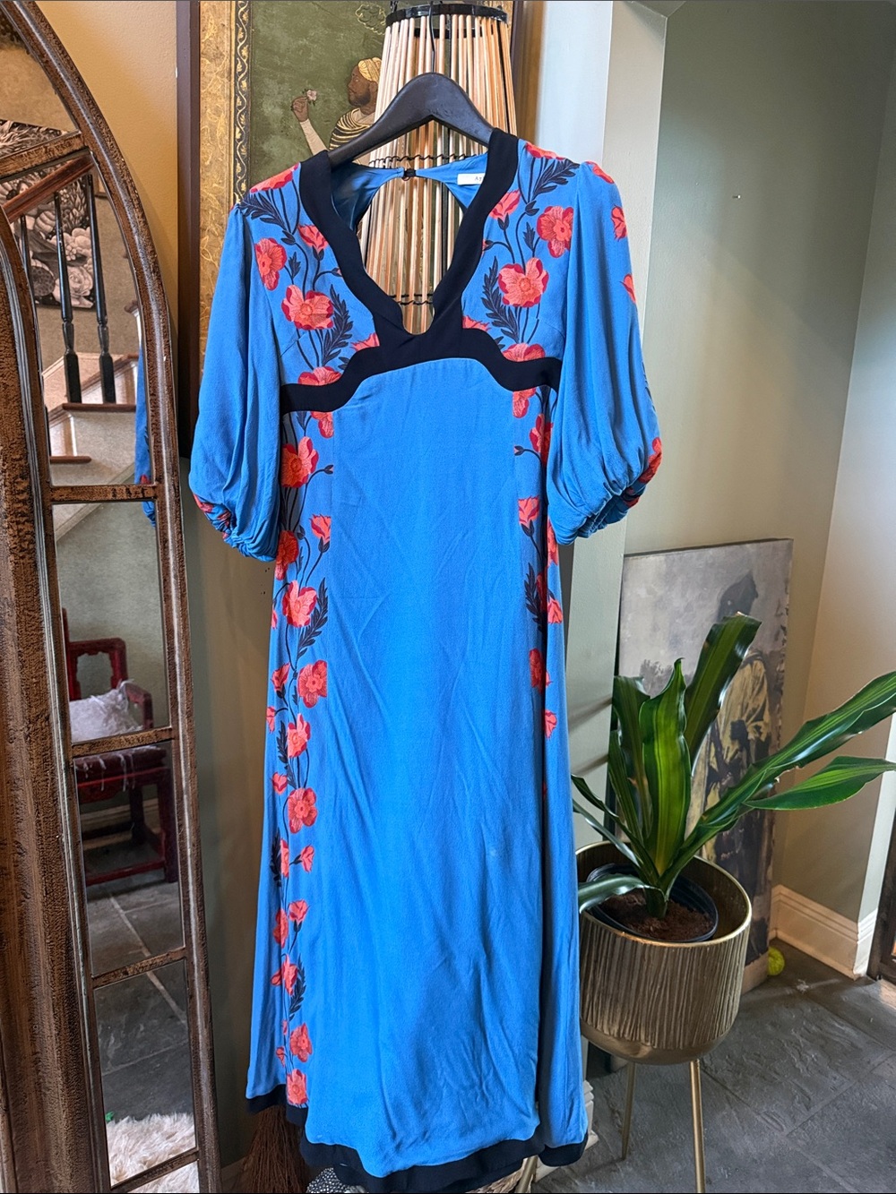 Blue Midi Dress with Red Floral Embroidery and Contrasting Trim